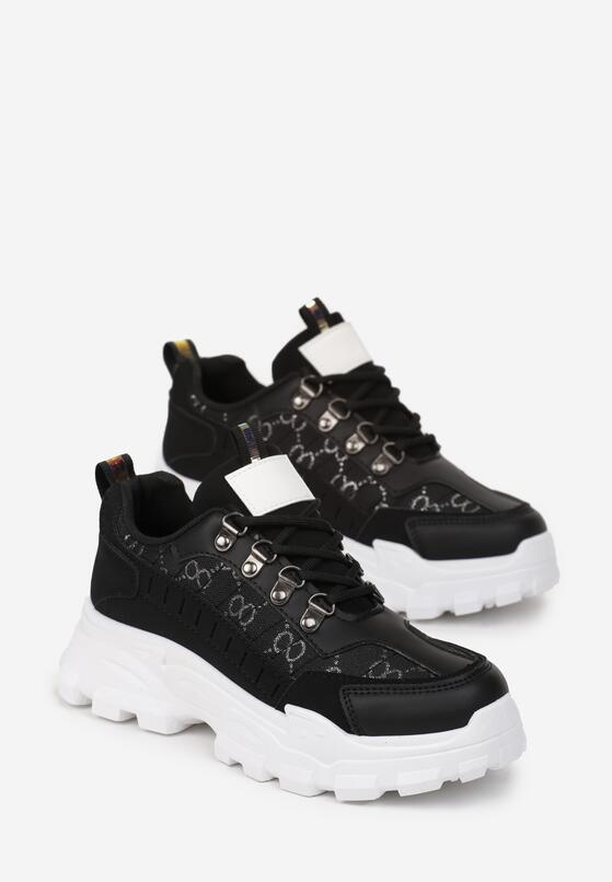 Czarne Sznurowane Sneakersy na Grubej Podeszwie z Ozdobnym Wzorem Tannai 4