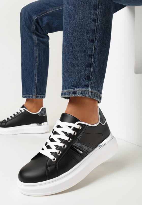 Czarne Sznurowane Sneakersy na Grubej Podeszwie z Ozdobnymi Wstawkami Pangy 1