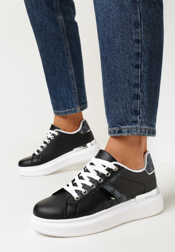 Czarne Sznurowane Sneakersy na Grubej Podeszwie z Ozdobnymi Wstawkami Pangy 2