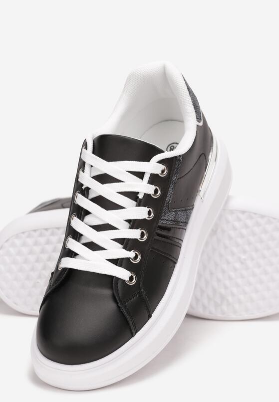 Czarne Sznurowane Sneakersy na Grubej Podeszwie z Ozdobnymi Wstawkami Pangy 5
