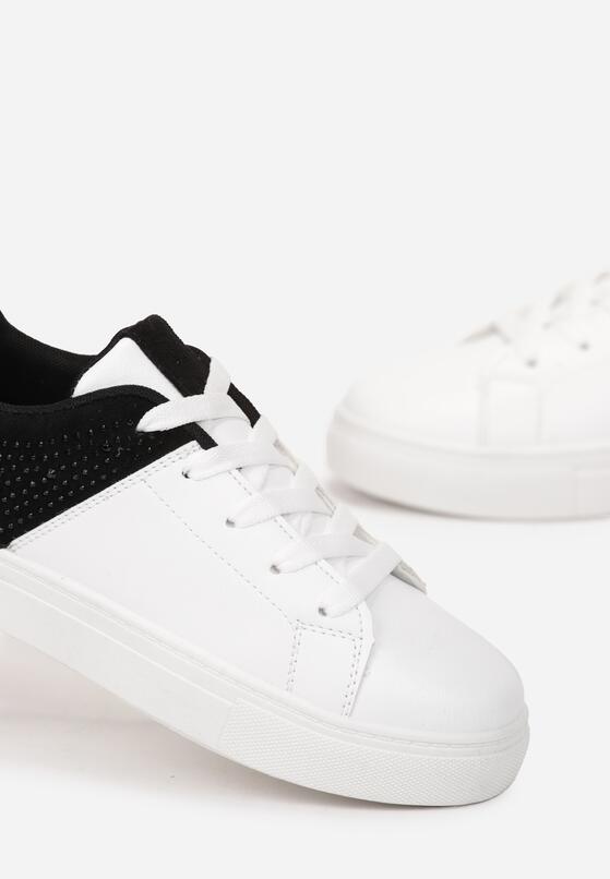 Biało-Czarne Sznurowane Sneakersy na Płaskiej Podeszwie z Ozdobnymi Cyrkoniami Gimena 5