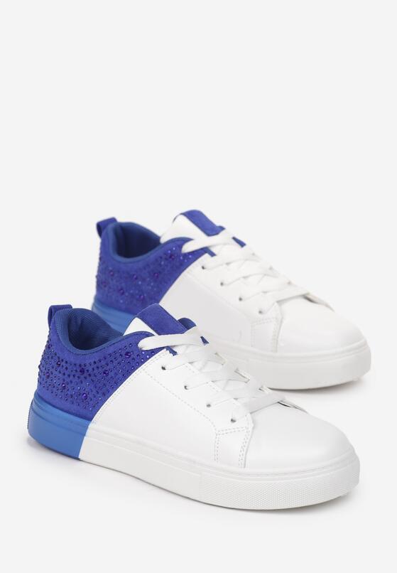 Biało-Niebieskie Sznurowane Sneakersy na Płaskiej Podeszwie z Ozdobnymi Cyrkoniami Gimena 4