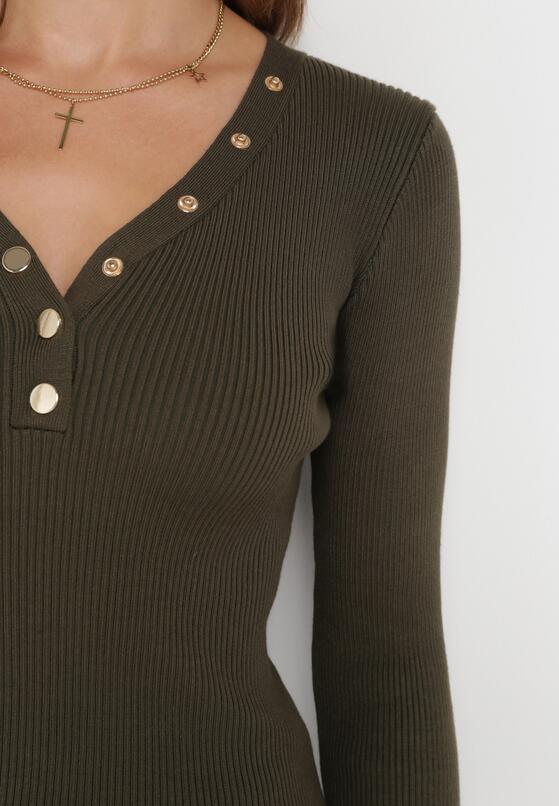 Ciemnozielony Sweter z Prążkowanej Dzianiny Zapinany Leoleta 5