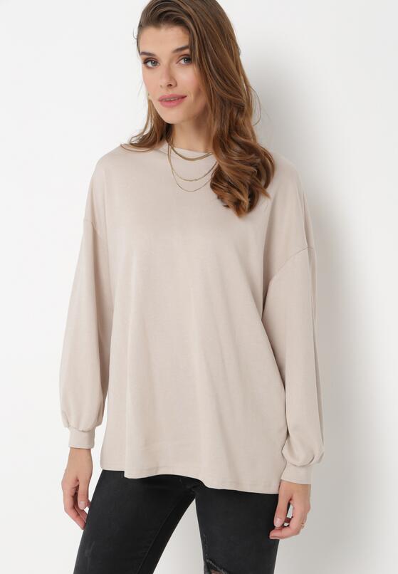 Beżowa Klasyczna Bawełniana Bluza Oversize z Okrągłym Dekoltem i Długim Rękawem ze Ściągaczem Tylera 2