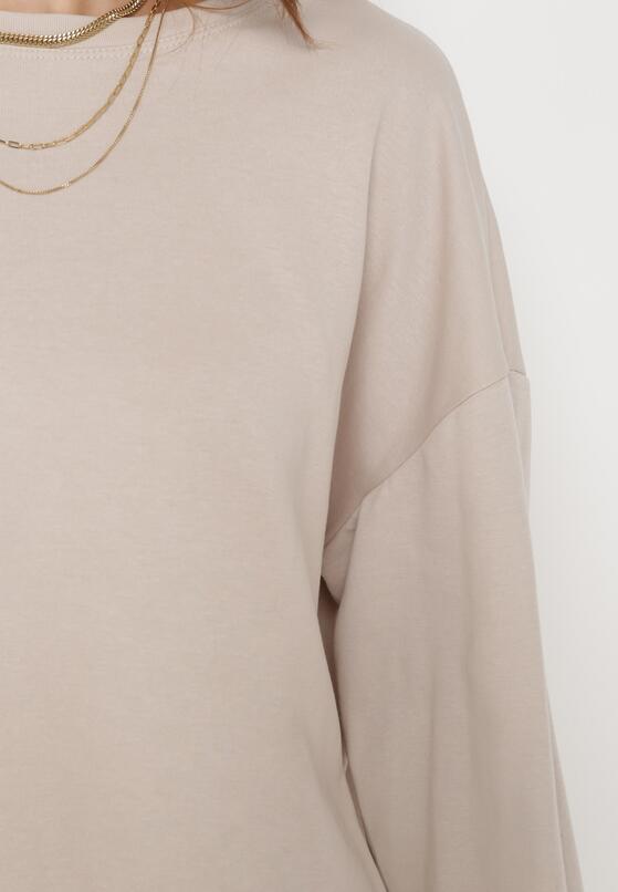 Beżowa Klasyczna Bawełniana Bluza Oversize z Okrągłym Dekoltem i Długim Rękawem ze Ściągaczem Tylera 5