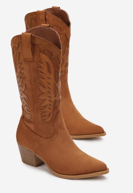 Brązowe Kozaki Kowbojki na Niskim Obcasie ze Zdobieniem na Wysokiej Cholewce Aymiah 4