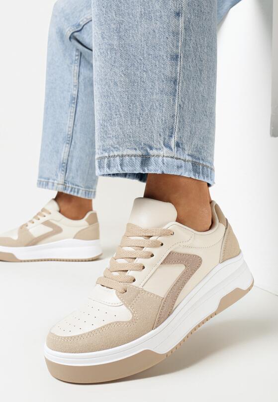 Beżowe Sznurowane Sneakersy na Grubej Podeszwie z Ozdobnymi Przeszyciami Alseana 2