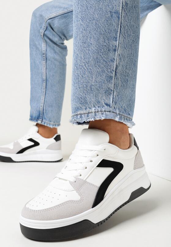 Białe Sznurowane Sneakersy na Grubej Podeszwie z Ozdobnymi Przeszyciami Alseana 1