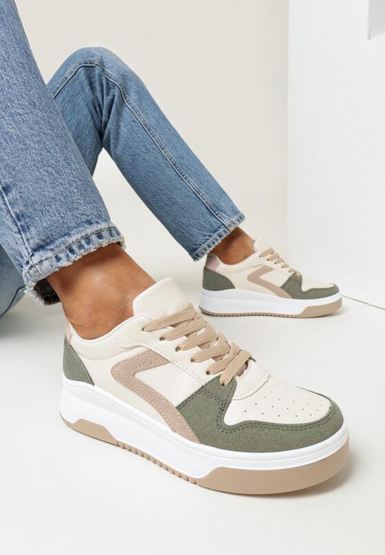 Zielone Sznurowane Sneakersy na Grubej Podeszwie z Ozdobnymi Przeszyciami Alseana 1