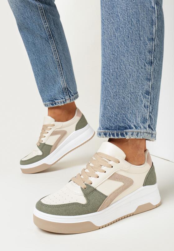 Zielone Sznurowane Sneakersy na Grubej Podeszwie z Ozdobnymi Przeszyciami Alseana 2