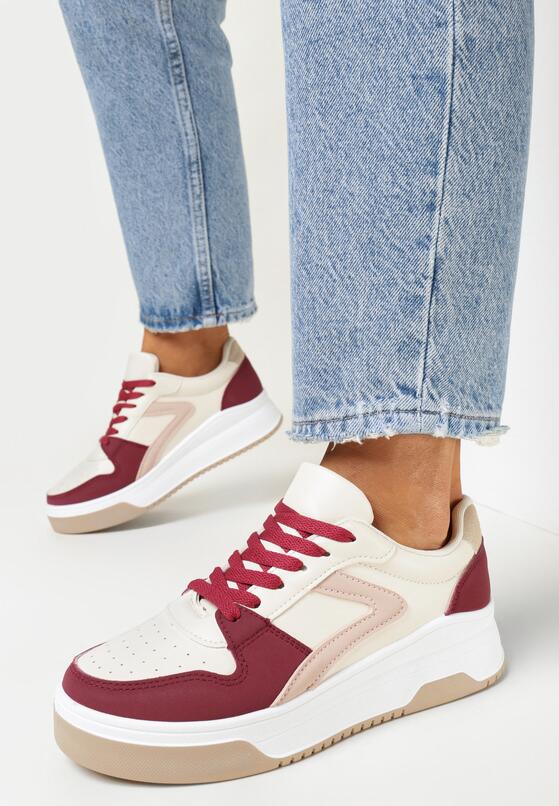 Bordowe Sznurowane Sneakersy na Grubej Podeszwie z Ozdobnymi Przeszyciami Alseana 2