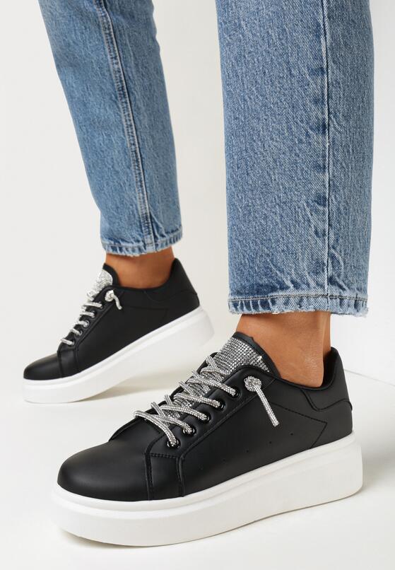 Czarne Sznurowane Sneakersy na Grubej Podeszwie Ozdobione Cyrkoniami Samma 2