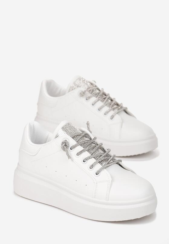Białe Sznurowane Sneakersy na Grubej Podeszwie Ozdobione Cyrkoniami Samma 4