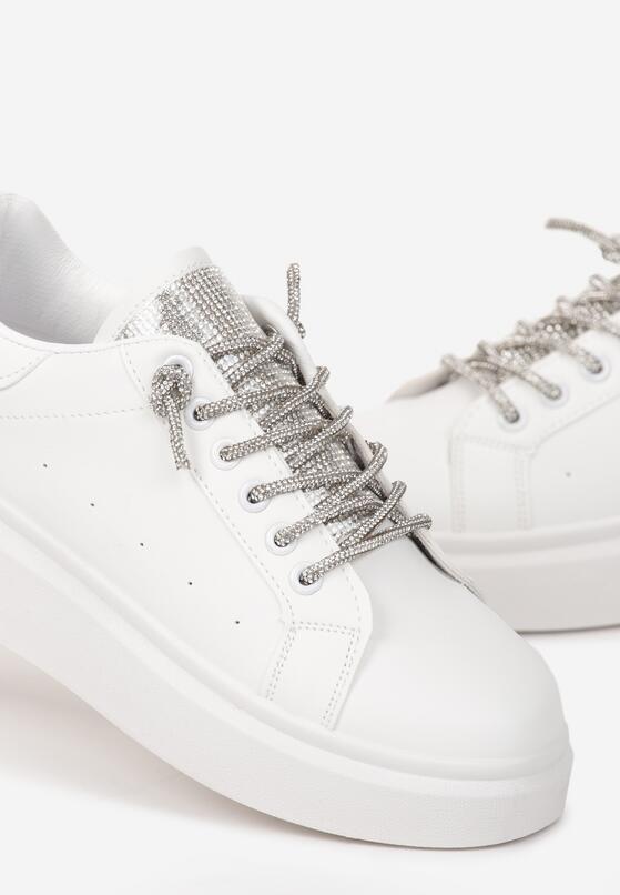 Białe Sznurowane Sneakersy na Grubej Podeszwie Ozdobione Cyrkoniami Samma 5