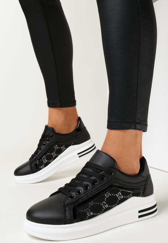 Czarno-Białe Sneakersy na Grubej Podeszwie z Brokatowym Zdobieniem Heiren 2