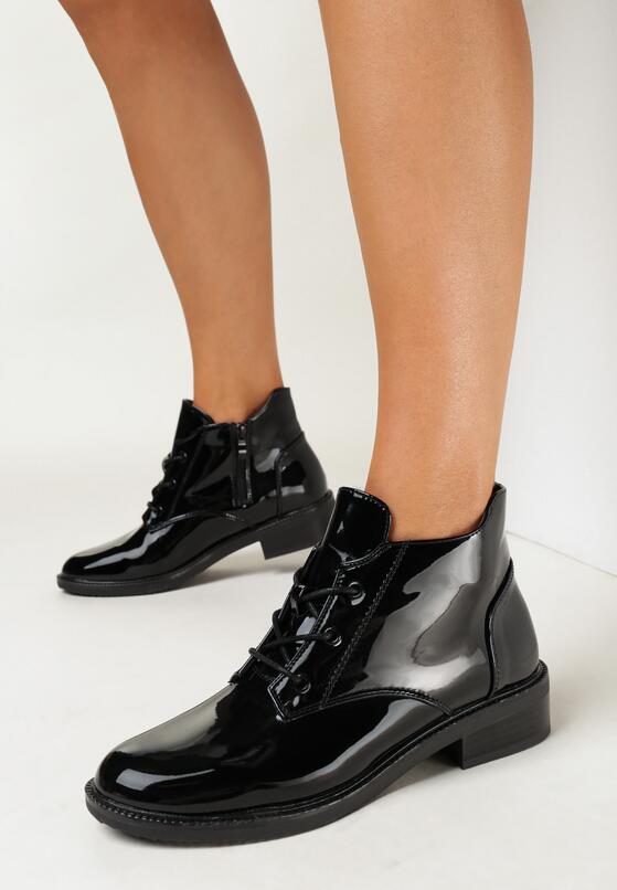 Czarne Botki na Płaskim Obcasie Sznurowane z Ozdobnymi Przeszyciami Melens 2