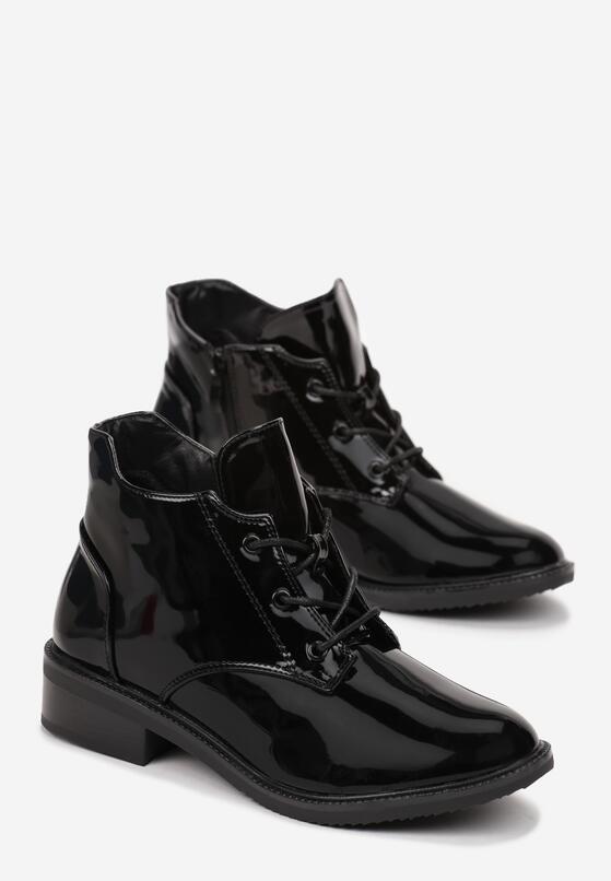 Czarne Botki na Płaskim Obcasie Sznurowane z Ozdobnymi Przeszyciami Melens 4