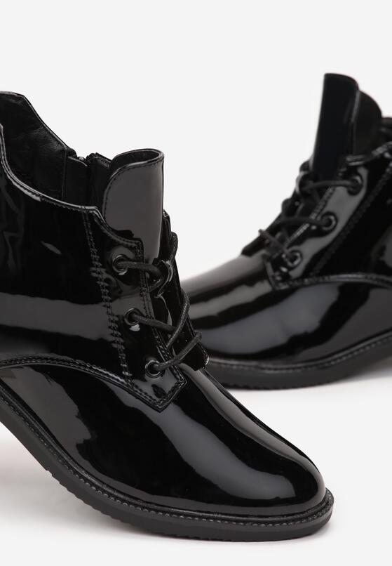 Czarne Botki na Płaskim Obcasie Sznurowane z Ozdobnymi Przeszyciami Melens 5