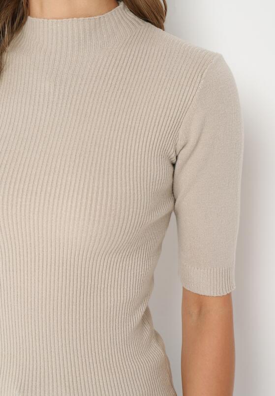 Ciemnobeżowa Bluzka z Golfem i Krótkimi Rękawami w Prążki Duri 5