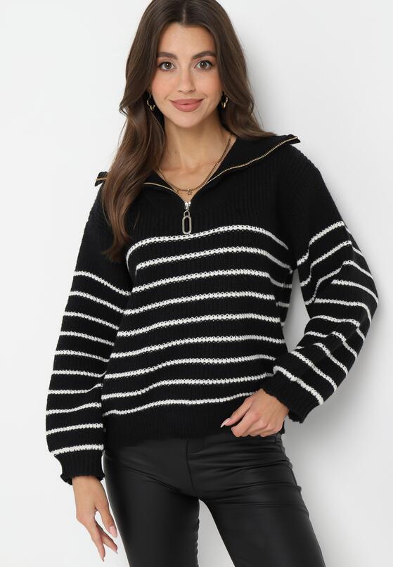Czarny Golf Sweter w Paski Zapinany na Suwak przy Dekolcie z Długim Rękawem Keos 1