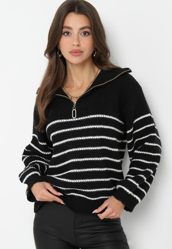 Czarny Golf Sweter w Paski Zapinany na Suwak przy Dekolcie z Długim Rękawem Keos 2