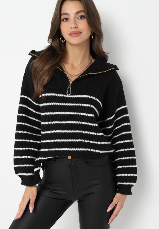 Czarny Golf Sweter w Paski Zapinany na Suwak przy Dekolcie z Długim Rękawem Keos 4