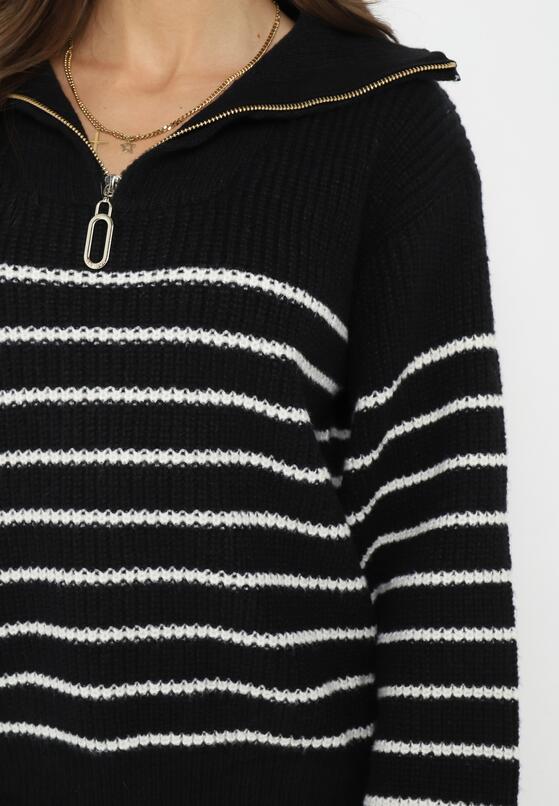 Czarny Golf Sweter w Paski Zapinany na Suwak przy Dekolcie z Długim Rękawem Keos 5