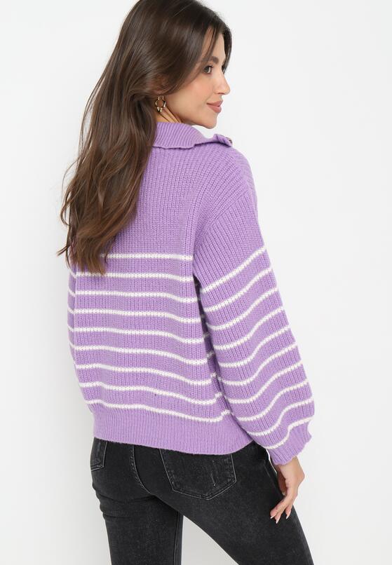 Fioletowy Golf Sweter w Paski Zapinany na Suwak przy Dekolcie z Długim Rękawem Keos 3