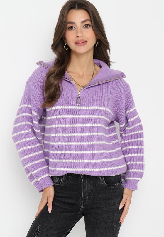 Fioletowy Golf Sweter w Paski Zapinany na Suwak przy Dekolcie z Długim Rękawem Keos 4