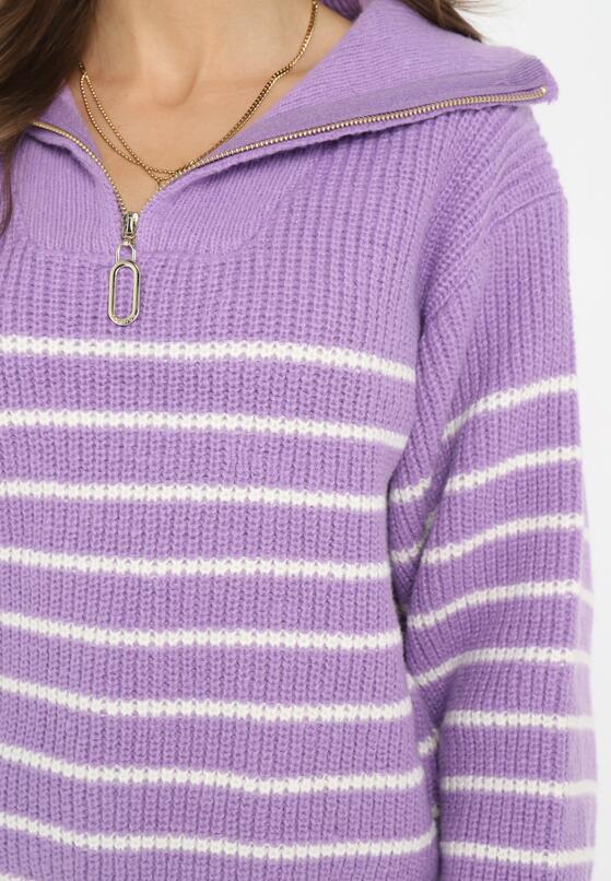 Fioletowy Golf Sweter w Paski Zapinany na Suwak przy Dekolcie z Długim Rękawem Keos 5
