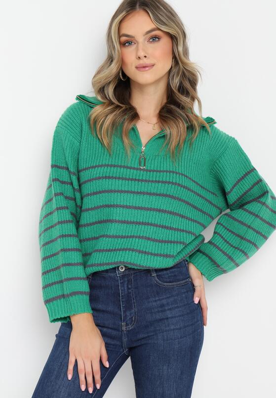 Zielony Golf Sweter w Paski Zapinany na Suwak przy Dekolcie z Długim Rękawem Keos 1