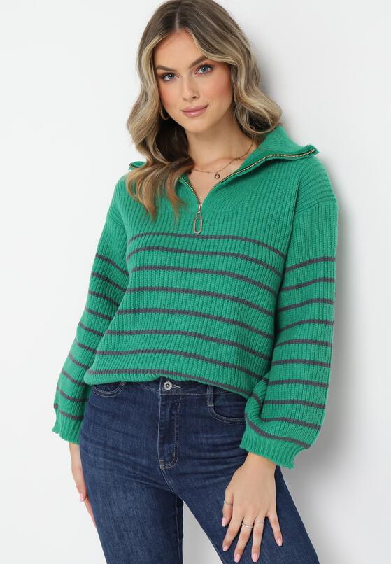 Zielony Golf Sweter w Paski Zapinany na Suwak przy Dekolcie z Długim Rękawem Keos 2