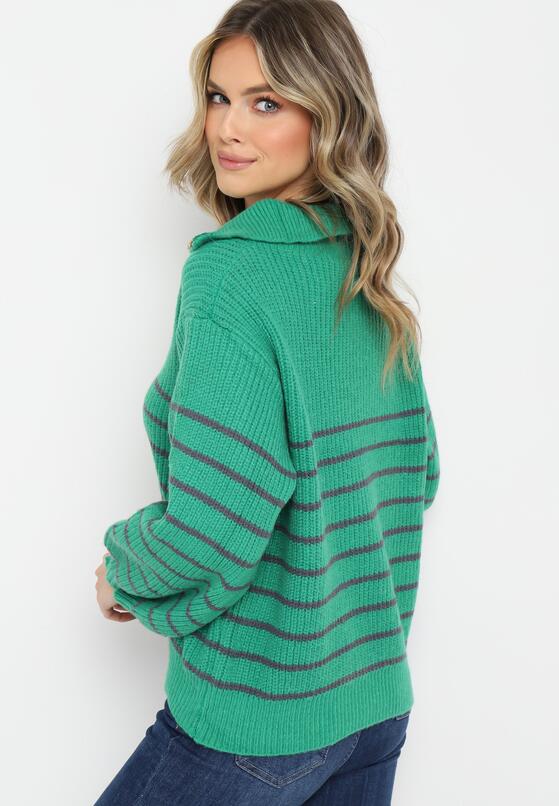 Zielony Golf Sweter w Paski Zapinany na Suwak przy Dekolcie z Długim Rękawem Keos 3