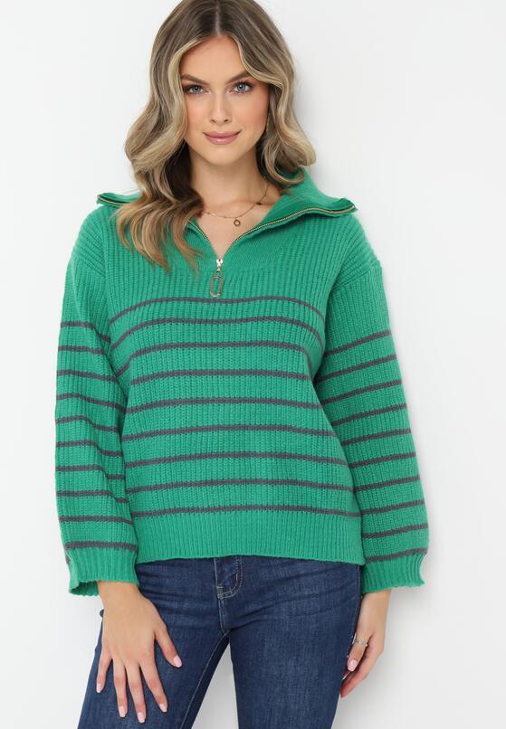 Zielony Golf Sweter w Paski Zapinany na Suwak przy Dekolcie z Długim Rękawem Keos 4