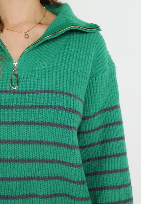 Zielony Golf Sweter w Paski Zapinany na Suwak przy Dekolcie z Długim Rękawem Keos 5