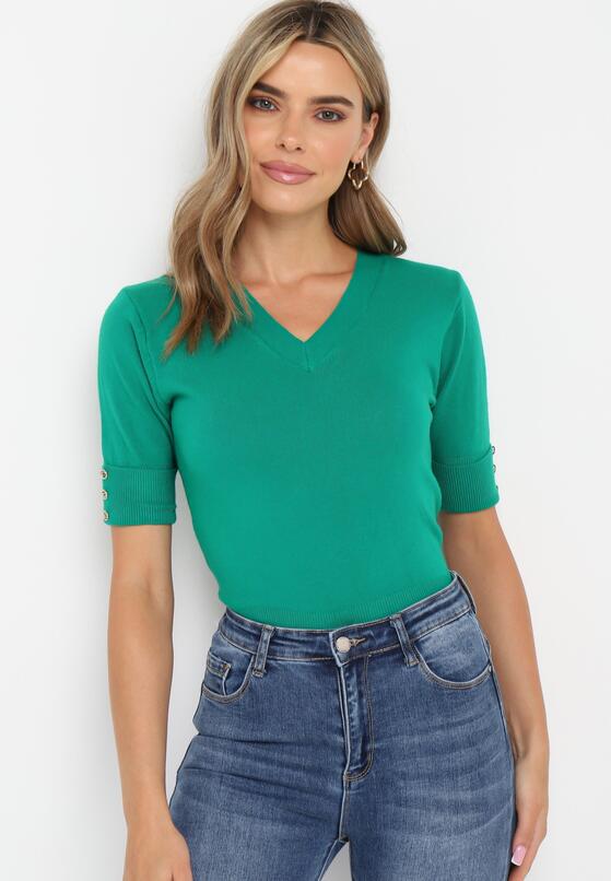 Ciemnozielona Dzianinowa Bluzka z Trójkątnym Dekoltem Zibese 2
