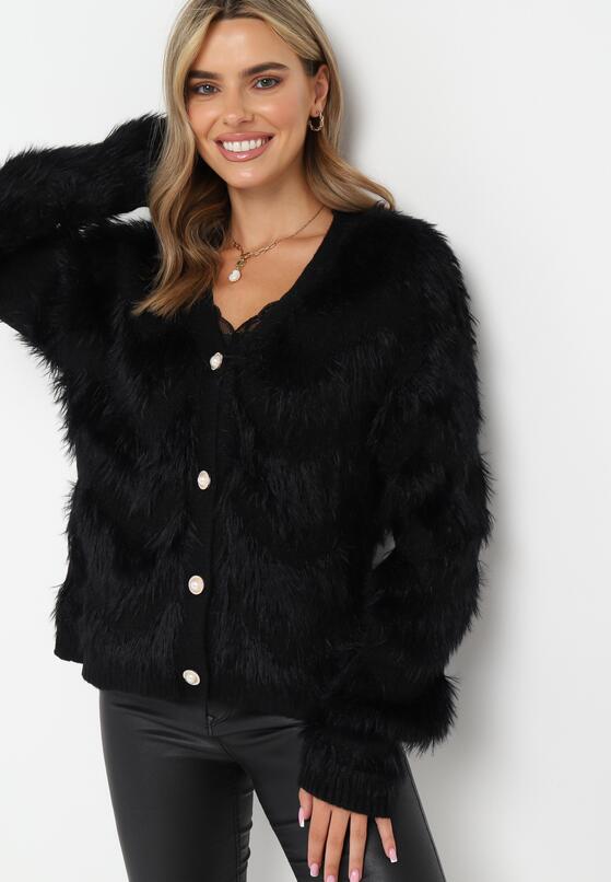 Czarny Puchaty Kardigan Zapinany na Guziki Tyweza 2