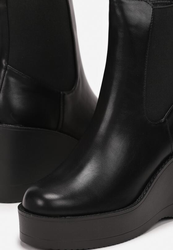Czarne Botki na Koturnie z Platformą i Elastyczną Wstawką Kasmaan 5