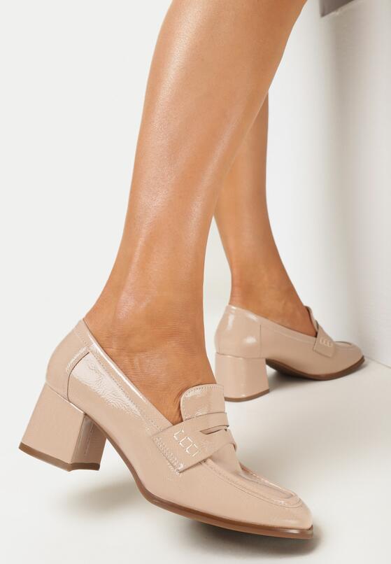 Beżowe Lakierowane Mokasyny na Słupku Leoga 2
