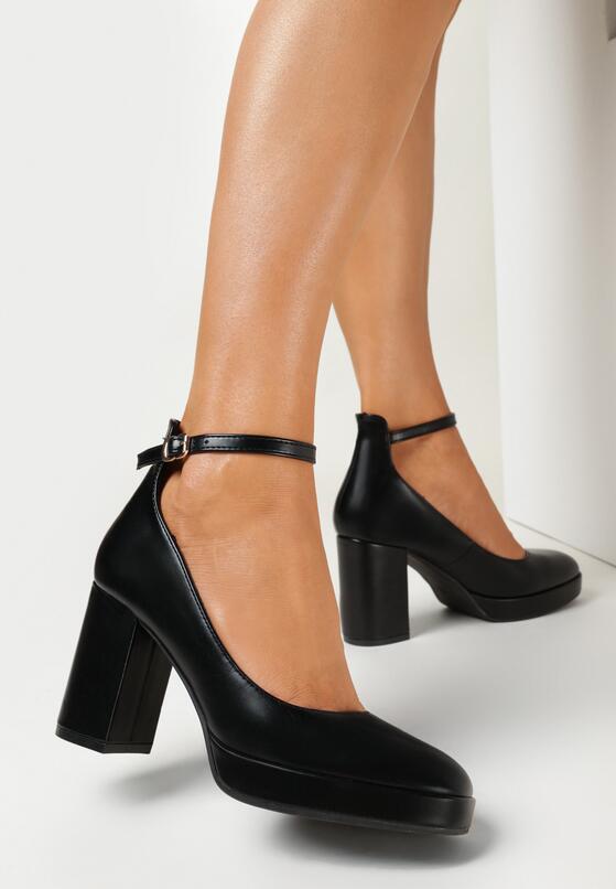 Czarne Czółenka na Słupku Zapinane Wokół Kostki Monoca 1