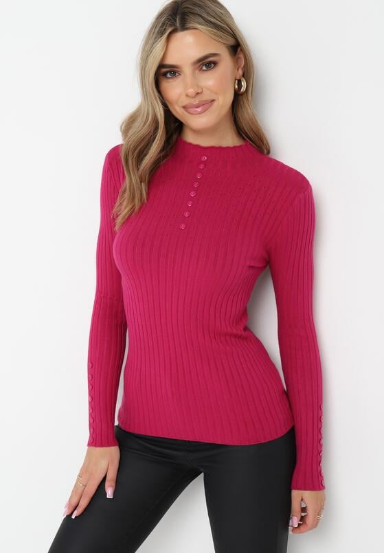 Fuksjowy Dopasowany Sweter Golf z Ozdobnymi Guzikami Oppanla 4