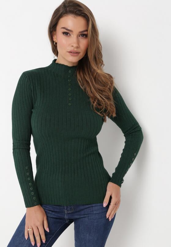 Ciemnozielony Dopasowany Sweter Golf z Ozdobnymi Guzikami Oppanla 4