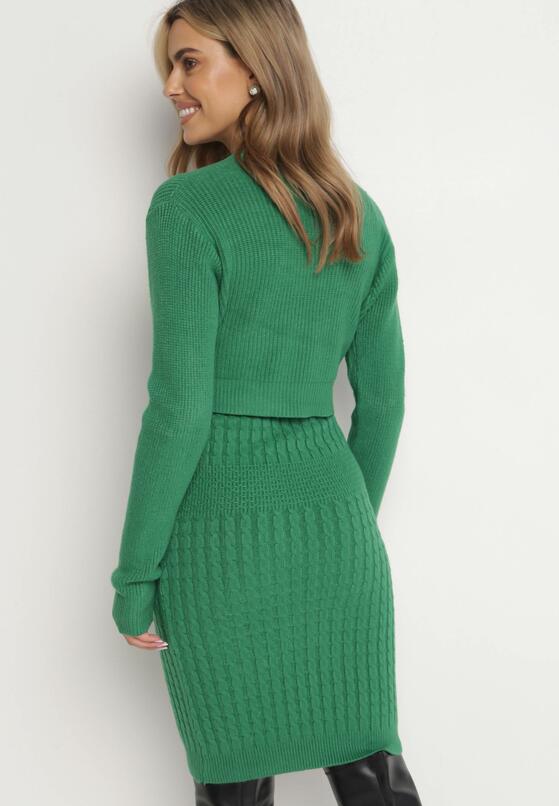 Zielony Dzianinowy Komplet z Sukienką i Rozpinanym Swetrem Rysmena 3