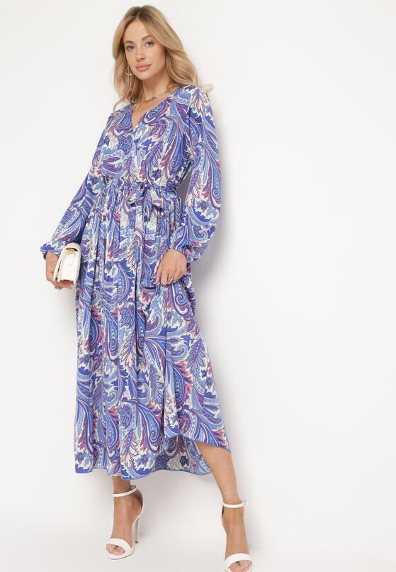 Niebieska   Plisowana Sukienka z Gumką w Pasie i Wzorem Paisley Carella 2