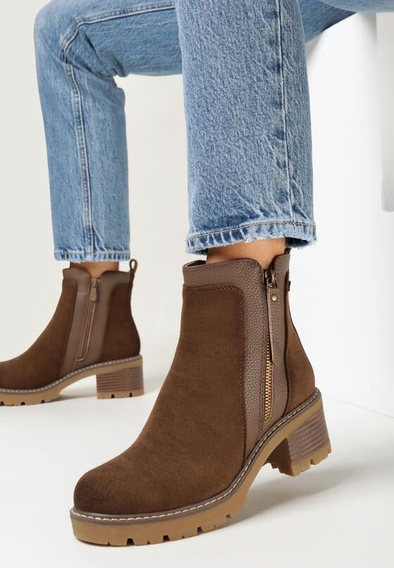 Brązowe Botki z Ozdobnym Suwakiem z Imitacji Zamszu Avronie 2