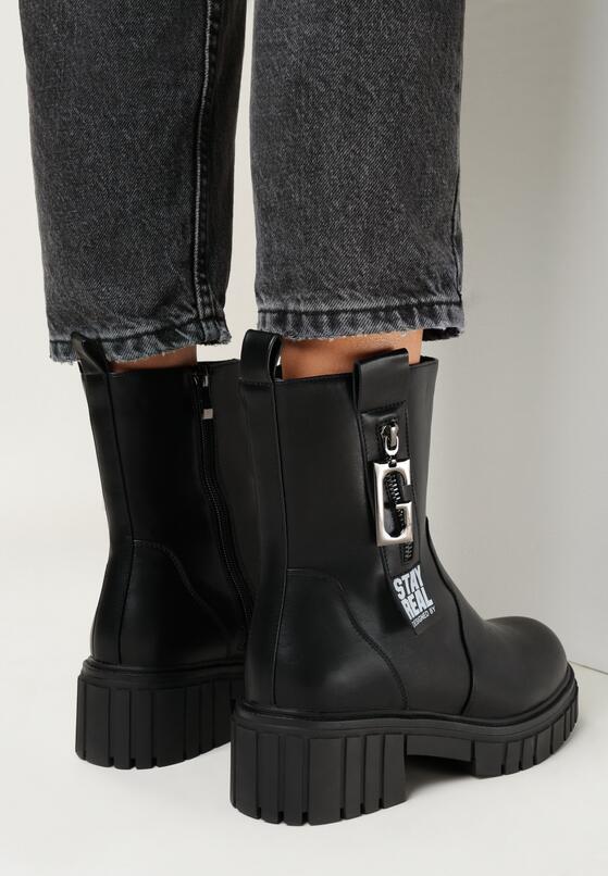 Czarne Botki na Płaskiej Grubej Podeszwie z Wycięciami i Ozdobnym Suwakiem Nevond 2