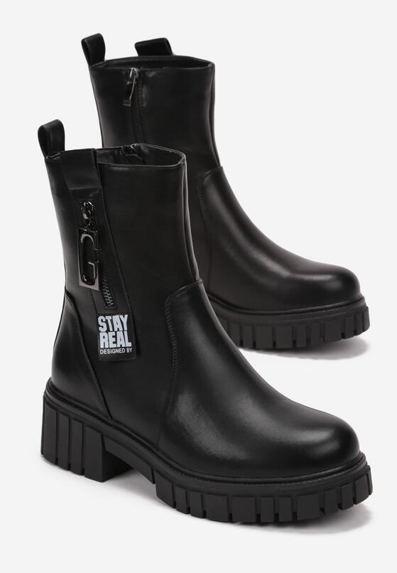 Czarne Botki na Płaskiej Grubej Podeszwie z Wycięciami i Ozdobnym Suwakiem Nevond 4