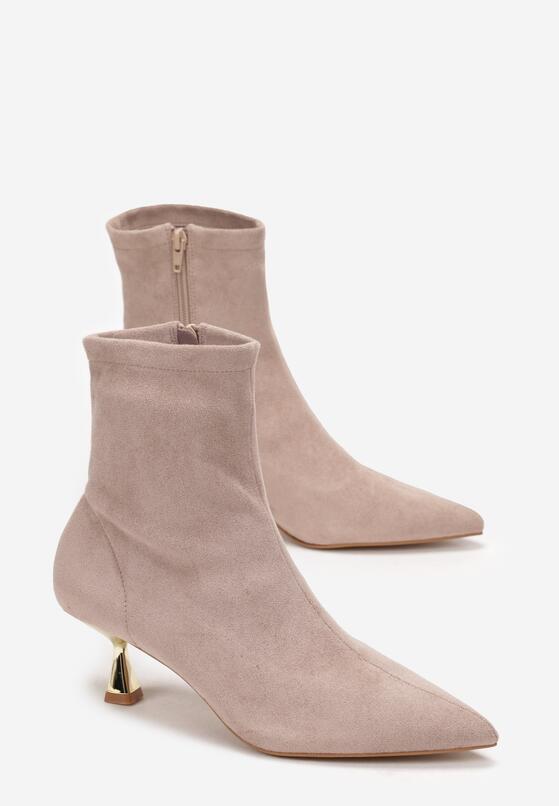 Ciemnobeżowe Botki ze Szpiczastym Noskiem z Imitacji Zamszu Enedie 4