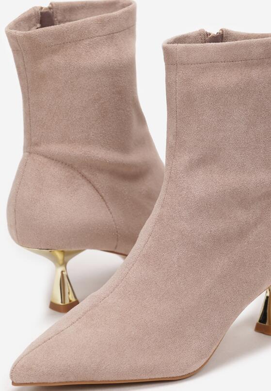 Ciemnobeżowe Botki ze Szpiczastym Noskiem z Imitacji Zamszu Enedie 5