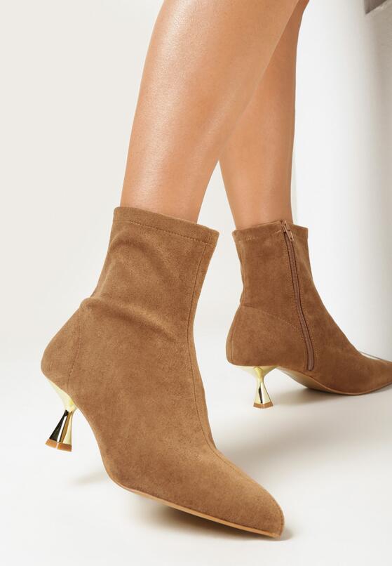 Beżowe Botki ze Szpiczastym Noskiem z Imitacji Zamszu Enedie 1